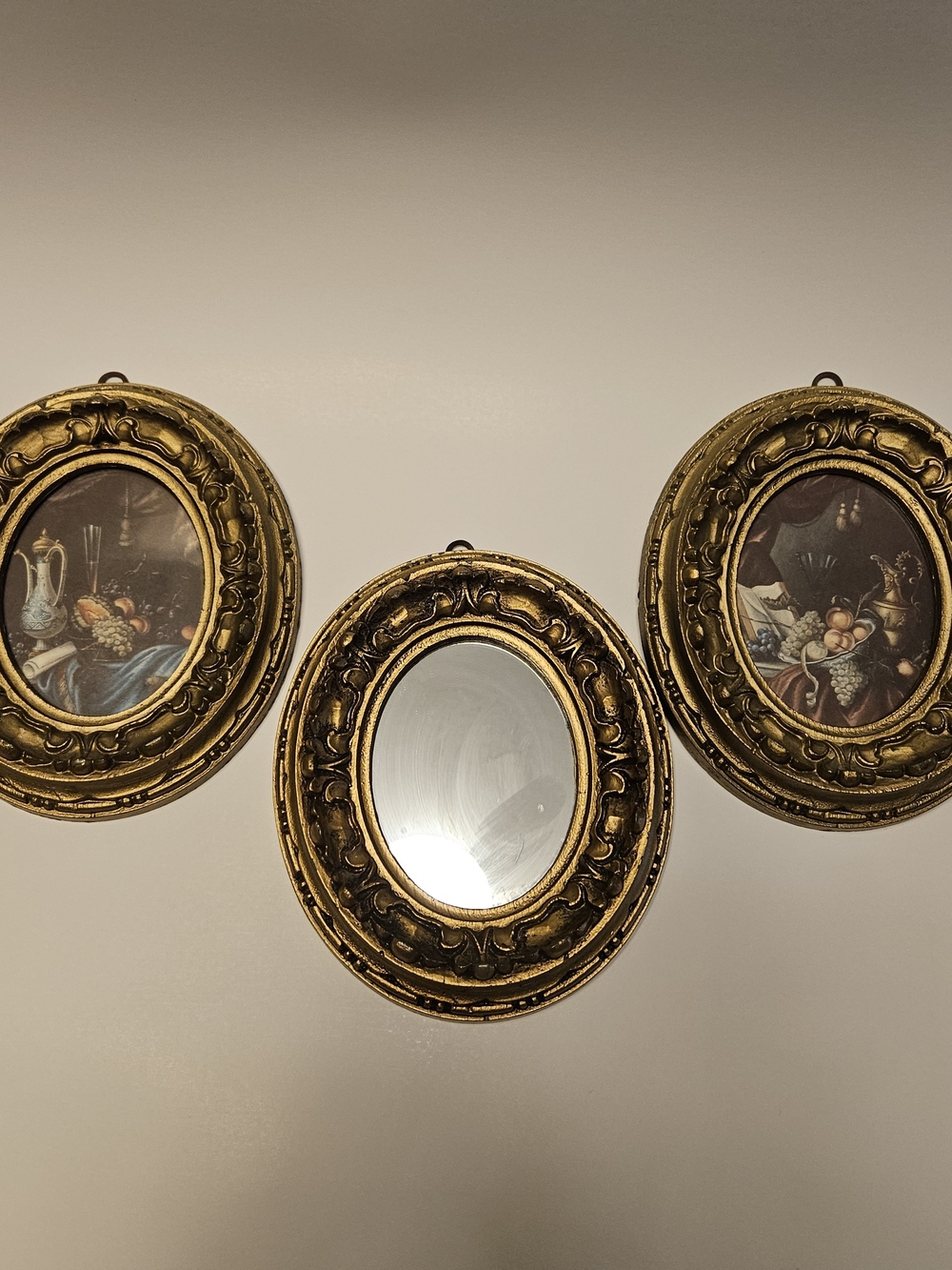 Set Of 3 Miniature Oval Framed Still Life And Mirror~Italy~5 1/2" x 4 3/4"